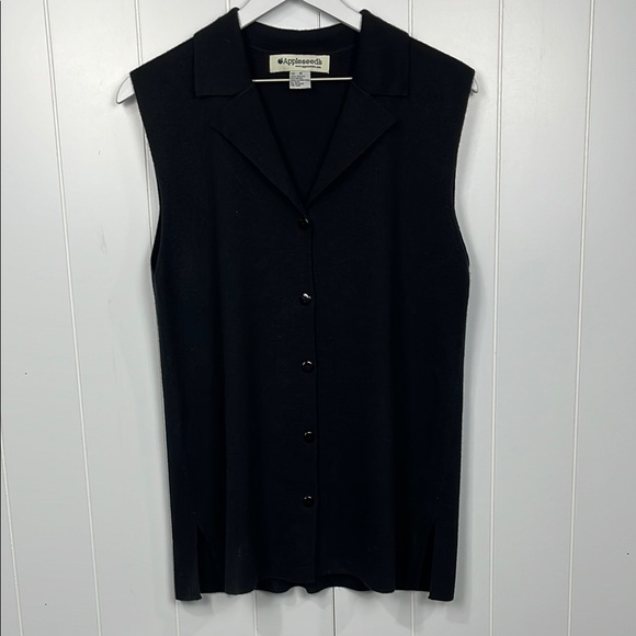 Appleseed’s Womens Vest M Black Notched Collar Button Up Side Slits Stretch EUC - Picture 1 of 10